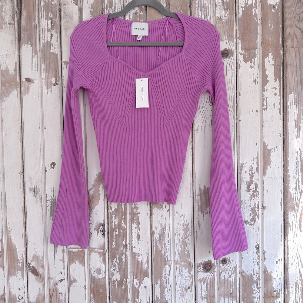 Pink Rose Sweetheart Neckline Ribbed Sweater, NWT, Lilac Pink, Size L